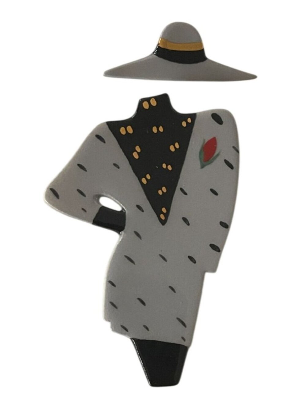 Vtg Roslund Lady w An Attitude Lady w A Hat Pin Brooch Hand-painted Gray Black &